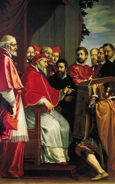 Michelangelo präsentiert Papst Julius III. das Modell des Gebäudes des Rota-Gerichts in der Giulia-Straße von Fabrizio Boschi
