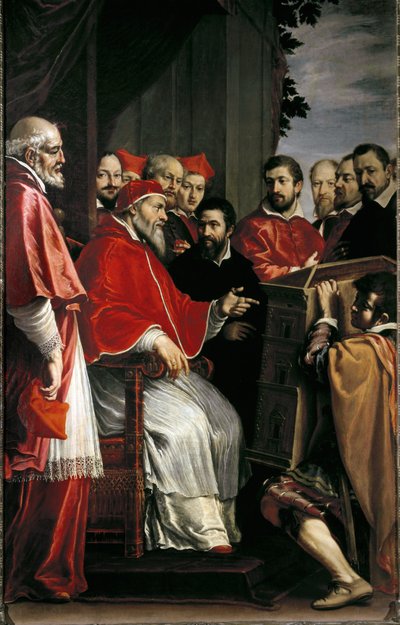 Michelangelo präsentiert Papst Julius III. das Modell des Gebäudes des Rota-Gerichts in der Giulia-Straße von Fabrizio Boschi