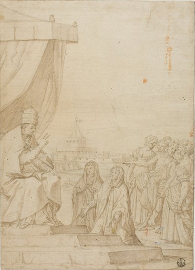 Papst segnet zwei Frauen in Anwesenheit von Satyr und versammelten Frauen mit Castel Sant Angelo im Hintergrund von Federico Zuccaro