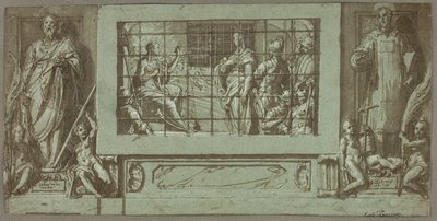 Die heilige Katharina im Gefängnis, die Kaiserin Faustina zum Christentum bekehrt, flankiert von den Heiligen Saturnius und Simon von Federico Zuccaro