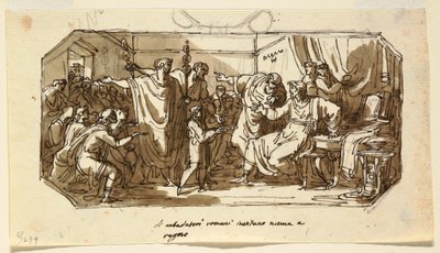 Zeichnung, Deckendesign: Römischer Botschafter bittet den Sabiner Numa Pompilius, über Rom zu herrschen, Sala di Numa Pompilio, Palazzo Milzetti, Faenza, 1802–1805 von Felice Giani