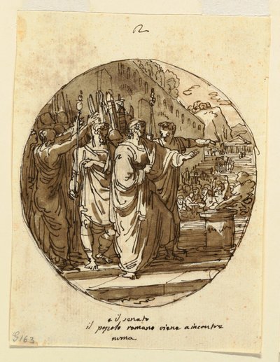 Zeichnung, Deckengestaltung für Numa Pompilius, der nach seiner Wahl in Rom willkommen geheißen wird, Sala di Numa Pompilio, Palazzo Milzetti, Faenza, 1804–05 von Felice Giani