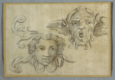 Maske mit Girlande und Ohren; Maske mit Bart und Satyr-Ohren von Felice Giani