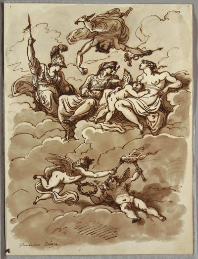 Minerva, Merkur, Juno und Venus auf Wolken, Studie nach Marcantonio Franceschini von Felice Giani