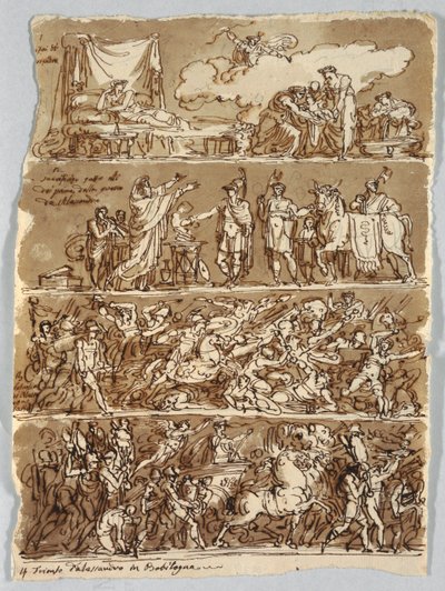 Skizzenbuchseite: Geburt Alexanders des Großen; Schlacht von Alexander und Darius; Triumph von Alexander von Felice Giani