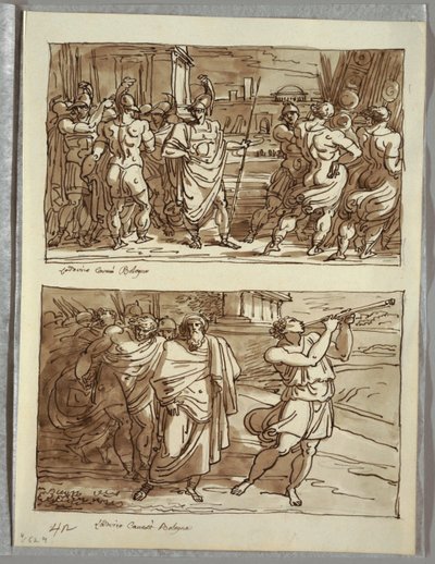 Der Stolz des Romulus: Das Verspotten des alten Hauptmanns von Veii; Zwei Studien nach Carracci von Felice Giani