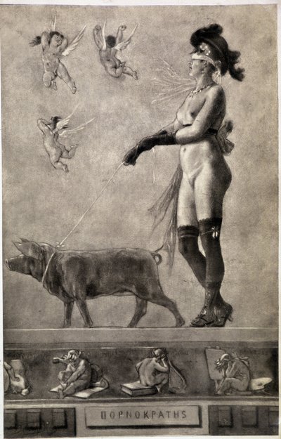 Pornokrates (Nackte Frau, Augenbinde, umgeben von Engeln und hält ein Schwein an der Leine) - Zeichnung von Felicien Rops (1833-1898) von Félicien Rops
