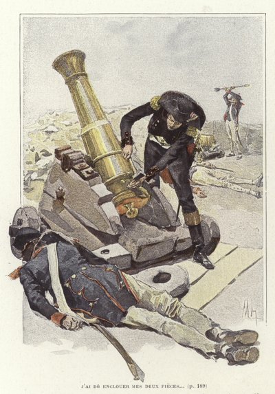 Ein Soldat inspiziert eine Kanone neben dem Leichnam eines toten Soldaten von Felicien baron de Myrbach Rheinfeld