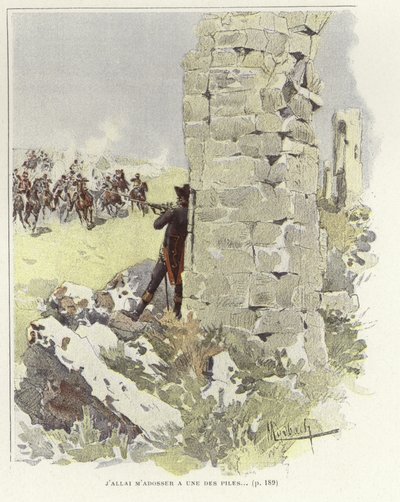 Ein Soldat lehnt an einer zerstörten Mauer und zielt auf den herannahenden Angriff von Felicien baron de Myrbach Rheinfeld