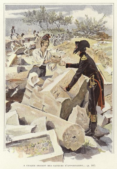 Ein Soldat reicht einem anderen Soldaten einen Topf unter den Ruinen von Nikopolis von Felicien baron de Myrbach Rheinfeld