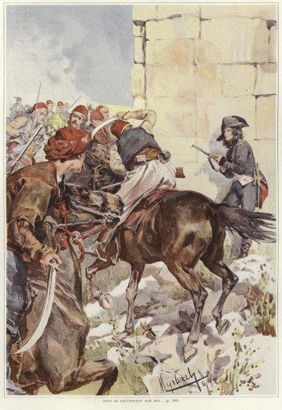 Ein Soldat zielt mit seinem Gewehr, während er angegriffen wird von Felicien baron de Myrbach Rheinfeld