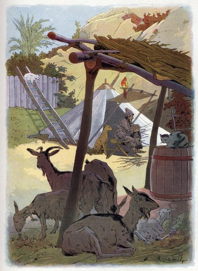 Robinson Crusoe zu Hause mit seinen Tieren von Felicien baron de Myrbach Rheinfeld