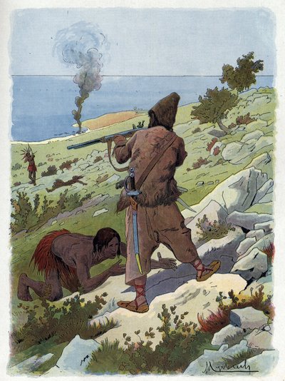Robinson Crusoe tötet die Wilden, die Freitag verfolgen von Felicien baron de Myrbach Rheinfeld