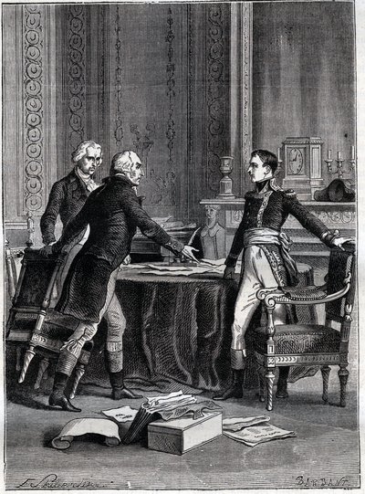 Erste Beratung der drei Konsuln in Peer-Luxemburg - Napoleon Bonaparte, Emmanuel Joseph Sieyes und Pierre Roger-Ducos 1799 - Gravur von Barbant, nach Philippoteaux - Erstes Konsulat, 24 Frimaire VIII (15. Dezember 1799), erstes Treffen des Ersten Konsulats von Felix (after) Philippoteaux