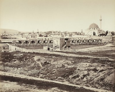 Panoramablick auf ein bewohntes Gebiet mit einer Moschee in Israel von Félix Bonfils