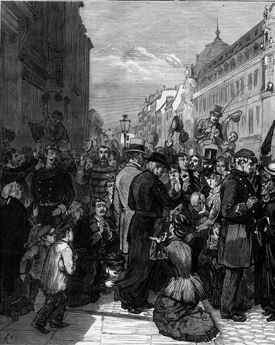 Deportation der Jesuiten aus der Rue de Sèvres in Paris nach den Dekreten von März 1880, die von Jules Ferry erlassen wurden und den Mitgliedern nicht autorisierter religiöser Kongregationen das Recht zu lehren entziehen: Die Pariser Bevölkerung zeigt Soli von Felix Elie Regamey