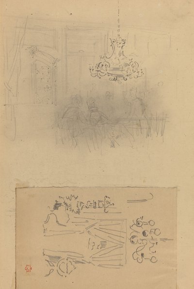 Versammlung in einem Innenraum, ein verhängter Durchgang von Felix Hilaire Buhot