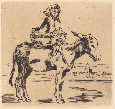 Cacoletière à la Tour Frau reitet auf einem Esel in der Nähe eines Turms von Felix Hilaire Buhot
