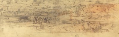 Mündung mit einem befestigten Hafen links und Klippen rechts von Felix Hilaire Buhot
