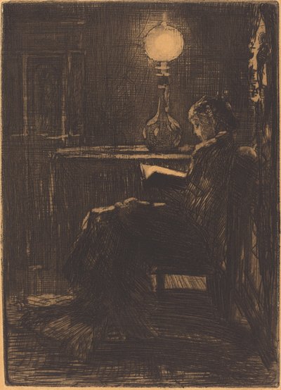 Leserin bei Lampe von Felix Hilaire Buhot