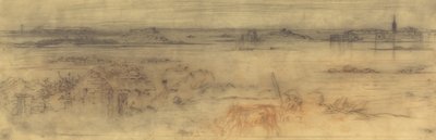 Meereslandschaft mit befestigter Stadt rechts, Inseln links und einem Cottage im Vordergrund, ca. 1882 von Felix Hilaire Buhot