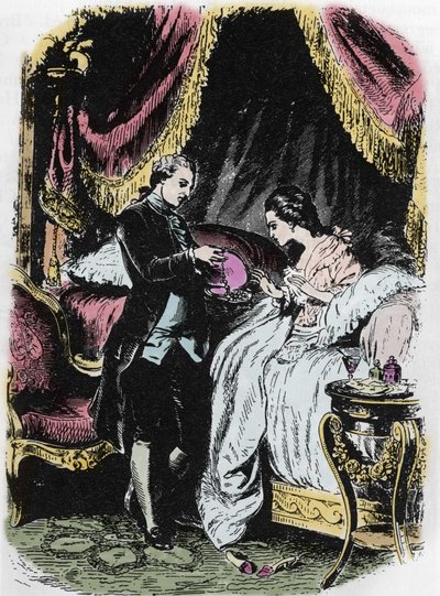 Der Likör der Königin inspiriert den Halsbandfall. Zeichnung von Félix Philippoteaux (1815-1884) für Alexandre Dumas