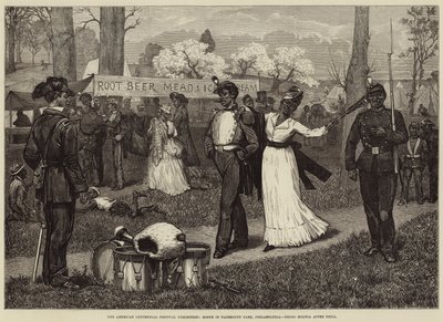 Das amerikanische Centennial Festival Ausstellung, Szene im Fairmount Park, Philadelphia, Negermiliz nach der Übung von Felix Regamey
