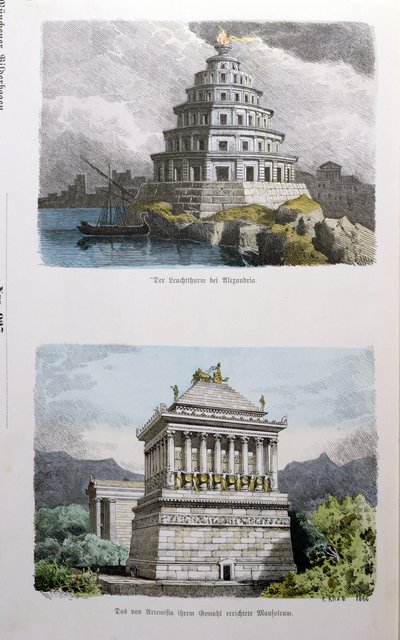 Der große Leuchtturm von Alexandria und das Mausoleum von Halikarnassos, aus einer Serie der Sieben Weltwunder veröffentlicht in Munchener Bilderbogen, 1886 von Ferdinand Knab