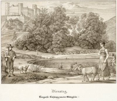 Dienstag: Die Burg von Salzburg vom Süden gesehen von Ferdinand Olivier