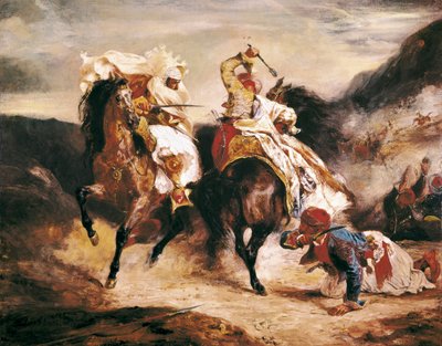 Der Kampf von Giaour und Pascha. Inspiriert von Lord Byrons Gedicht „Le Giaour“. Orientalistisches Gemälde von Eugene Delacroix (1798-1863) von Ferdinand Victor Eugene Delacroix