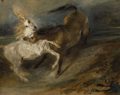 Zwei kämpfende Pferde in einer stürmischen Landschaft, ca. 1828 von Ferdinand Victor Eugene Delacroix