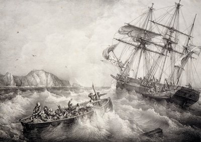 Rettung der Besatzung eines bretonischen Fischerbootes durch das schwedische Schiff Le Neptune, Lithographie von Ferdinand Perrot von Ferdinand Victor Perrot