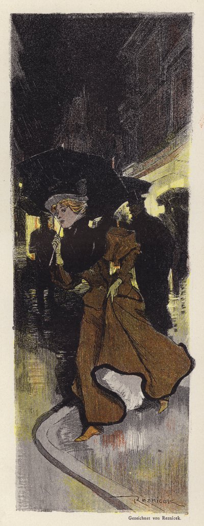 Frau, die nachts auf einer regnerischen Straße geht von Ferdinand von Reznicek