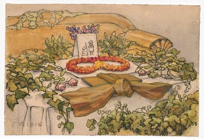 Namenstag der Frau des Künstlers, mit Grün geschmücktes Sofa und Tisch von Ferdynand Ruszczyc