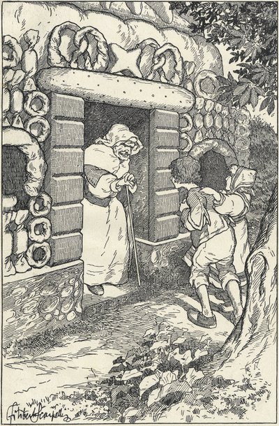 Zwei Kinder im Lebkuchenhaus im Wald. Illustration von F. Scarpelli für das Märchen Hänsel und Gretel nach einer Sammlung der Brüder Grimm. Schneewittchen und andere Märchen, Florenz von Filiberto Scarpelli