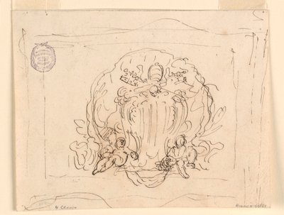 Zeichnung, Tafel mit dem Wappen von Papst Benedikt XIV mit Muschel als Hintergrund, 1740–58 von Filippo Marchionni