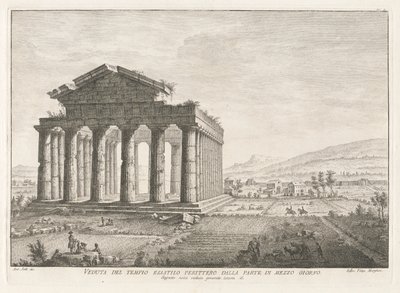 Veduta del tempio esastilo perittero dalla parte di mezzo giorno (Ansicht des Peripteral-Hexastyl-Tempels von Süden), aus Antichità di Pesto (Antiquitäten von Paestum) von Filippo Morghen