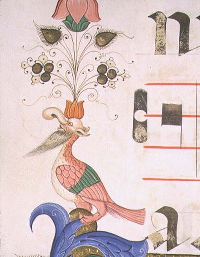 Missale 515 f.120v Grotesker Vogel mit menschlichem Kopf, Detail des dekorativen Randes aus einem Chorbuch vor 1449 (Pergament) von Filippo di Matteo Torelli