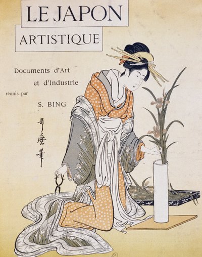 Frau arrangiert Blumen in Vase, Umschlag von Firmin Gillot, Le Japon Artistique, Kunst- und Industriedokumente gesammelt von Siegfried Bing, monatliche Veröffentlichung Juli 1889 von Firmin Gillot