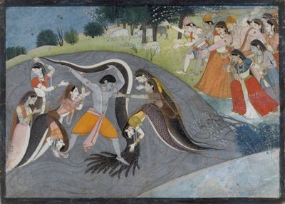 Krishna bezwingt Kaliya, den Schlangendämon: Folio aus einer Bhagavata Purana Serie von First generation after Manaku and Nainsukh.