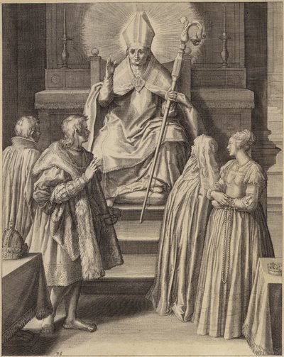 Eine Figur in bischöflichen Gewändern sitzt auf einem Thron mit einem Heiligenschein von Flemish School