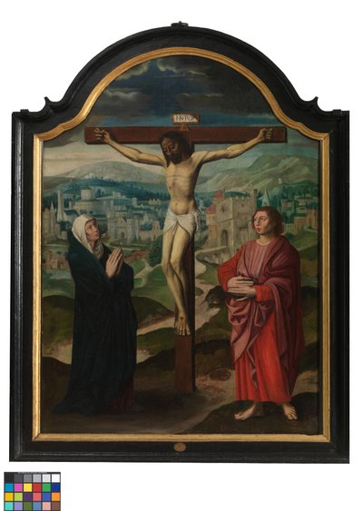 Zentrales Panel des Triptychons mit Kreuzigung und Texten von Flemish School