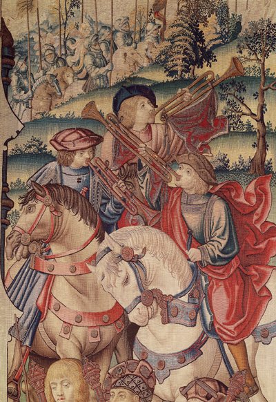 Detail von Trompetern zu Pferd, aus dem Wandteppich von David und Bathseba, 1510-15 von Flemish School