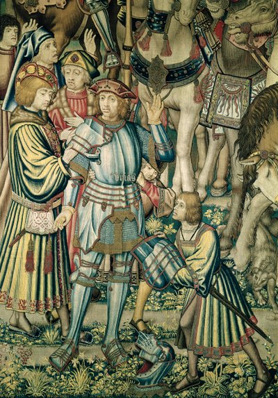 Detail von Uria dem Hethiter, der bewaffnet wird, aus Die Reiter versammeln sich, aus dem Wandteppich von David und Bathseba, ca. 1510-15 von Flemish School