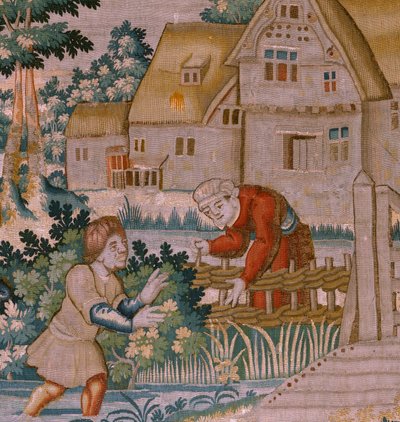 Flämischer Wandteppich. Händeklatschen. Atelier von Oudenaarde. 17. Jahrhundert. von Flemish School