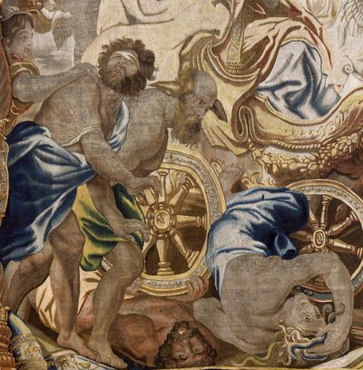 Flämischer Wandteppich. Serie Apotheose der Eucharistie. Triumph der Kirche. Modell Karton kopiert von einem Original von Rubens. Brüsseler Herstellung. Herstellung durch Frans van den Hecke. Mitte des 17. Jahrhunderts. Stoff Seide und Wolle, 7/8 Kette von Flemish School