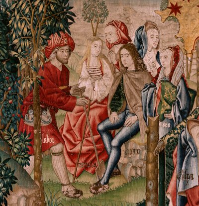 Flämischer Wandteppich. Serie Menschliche Erlösung oder Laster und Tugenden. Laster führen den Menschen zur Sünde. Zweiter Wandteppich der Serie (erster der in Palencia aufbewahrten). Brüsseler Herstellung, Werkstatt. Ca. 1510. Größe 425 x 800 cm. Stoff von Flemish School