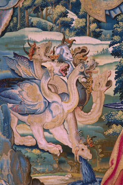 Flemischer Wandteppich. Serie Die Apokalypse: Der heilige Michael besiegt den Drachen. Atelier Willem Dermoyen, Brüssel. Ca. 1553-1555. (Detail) von Flemish School