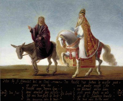Jesus auf einem Esel neben dem reich gekleideten Papst von Flemish School