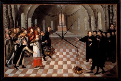 Die Abwägung der Religionen - Lutherische Karikatur gegen die katholische Religion von Flemish School